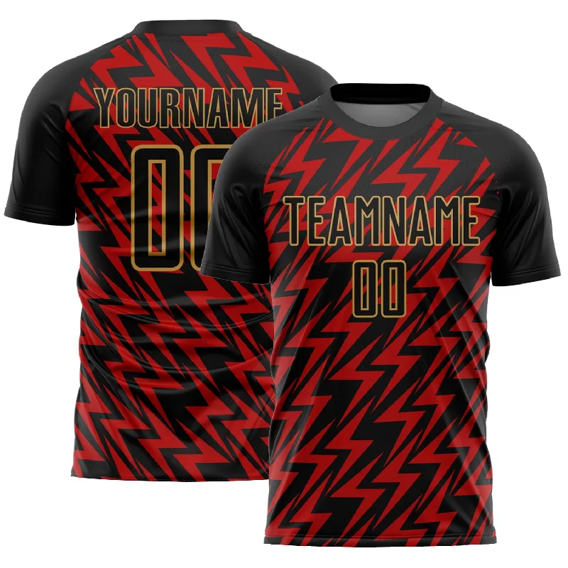 Football Jersey For Playoffs-Custom Black Red-Old Gold Lightning Sublimation Soccer Uniform Jersey