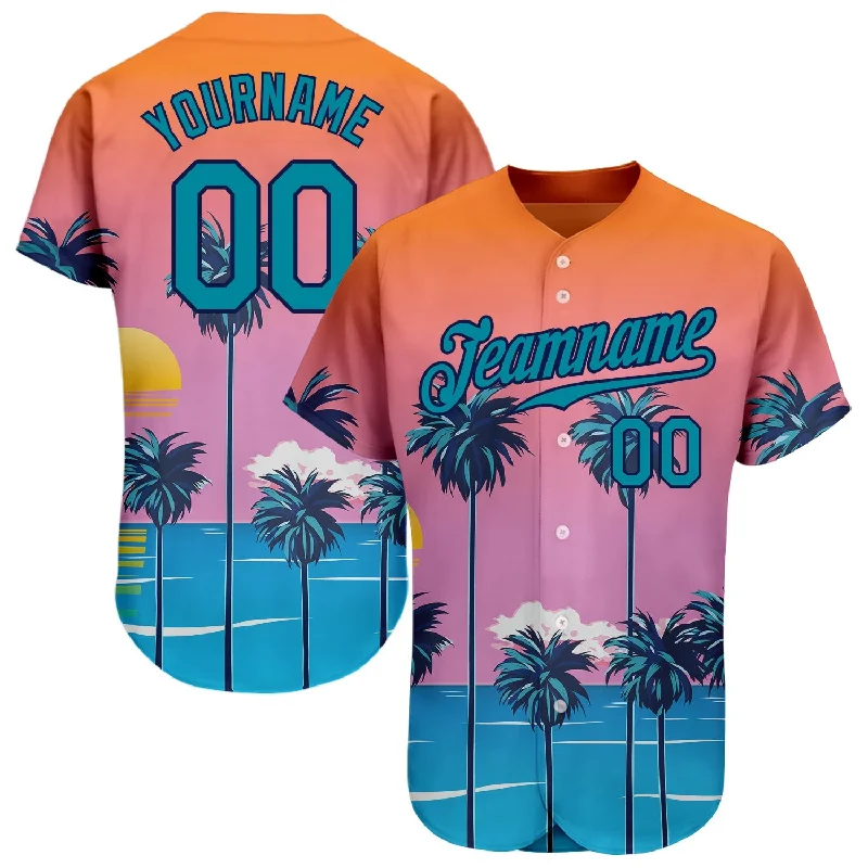 Replica Football Jersey-Replica Basketball Jersey-Replica Baseball Jersey-Custom Orange Teal-Navy 3D Pattern Design Sun Beach Hawaii Palm Trees Authentic Baseball Jersey