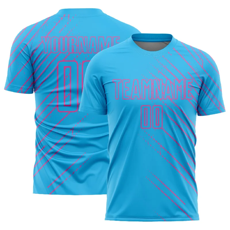 Football Jersey With V-Neck-Custom Sky Blue Pink Lines Sublimation Soccer Uniform Jersey