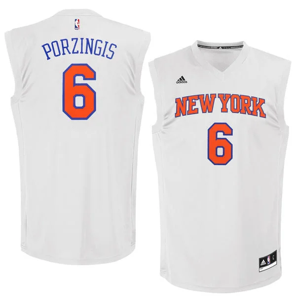 Basketball Jersey With Large Number Print-Knicks 6 Kristaps Porzingis White Chase Fashion Replica Basketball Jersey