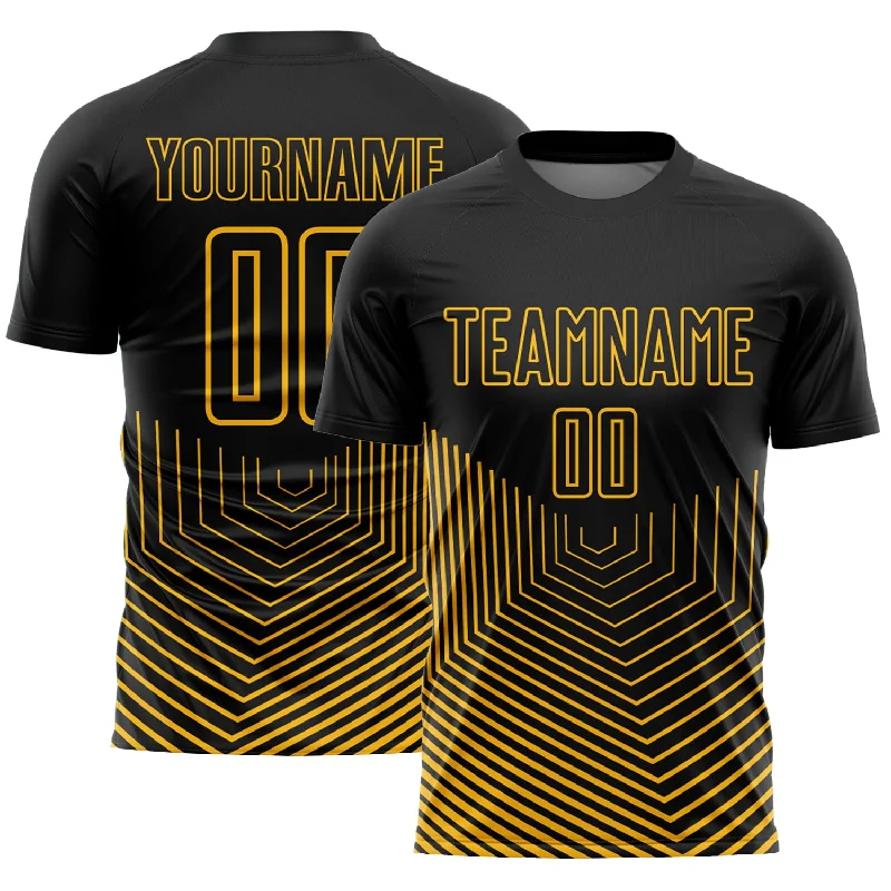 Football Jersey For Practice Sessions-Custom Black Gold Geometric Lines Sublimation Soccer Uniform Jersey