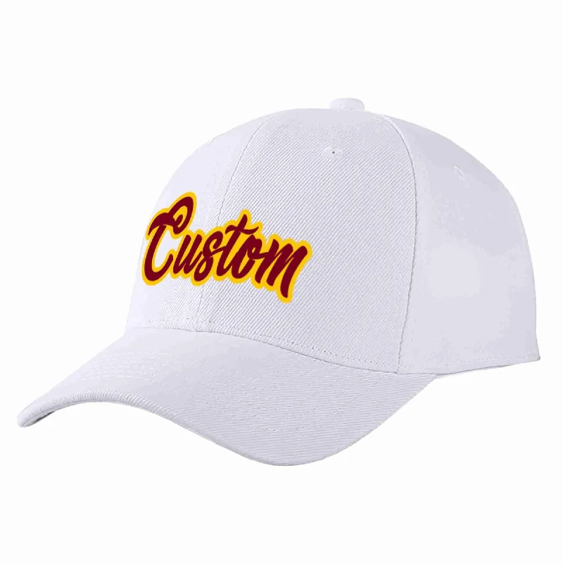 Personalized Baseball Cap-Custom White Crimson-Yellow Curved Eaves Sport Baseball Cap Design for Men/Women/Youth