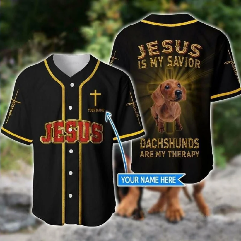 Football Jersey With Pro Team Design-Basketball Jersey With Youth League Design-Baseball Jersey With Split Color Design-Dachshunds Is My Therapy Jesus Personalized Baseball Jersey