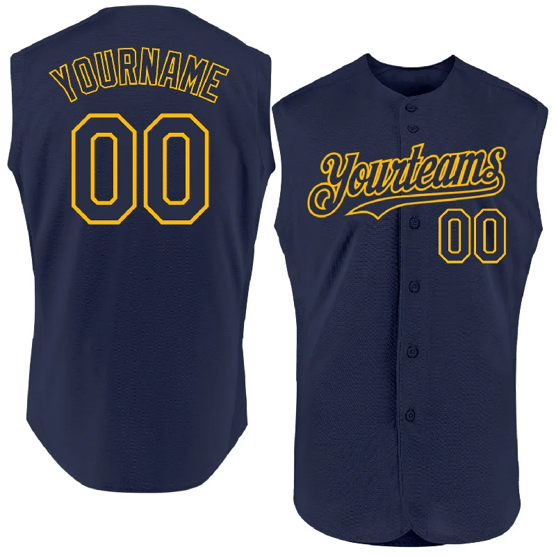 Football Jersey With Button Design-Basketball Jersey With Button Design-Baseball Jersey For College Teams-Custom Navy Gold Authentic Sleeveless Baseball Jersey