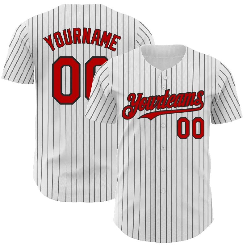 Football Jersey With Player Number-Basketball Jersey With Player Number-Baseball Jersey With Embossed Logo-Custom White Black Pinstripe Red Authentic Baseball Jersey