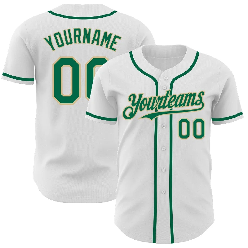 Football Jersey With Custom Logo Patch-Basketball Jersey With Custom Logo Patch-Baseball Jersey With Cartoon Elements-Custom White Kelly Green-Vegas Gold Authentic Baseball Jersey