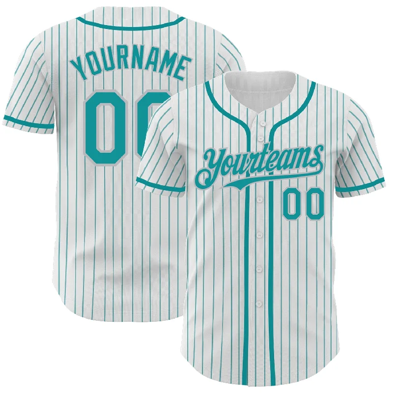 Football Jersey With Custom Font-Basketball Jersey With Custom Font-Baseball Jersey With Heat Press-Custom White Teal Pinstripe Gray Authentic Baseball Jersey