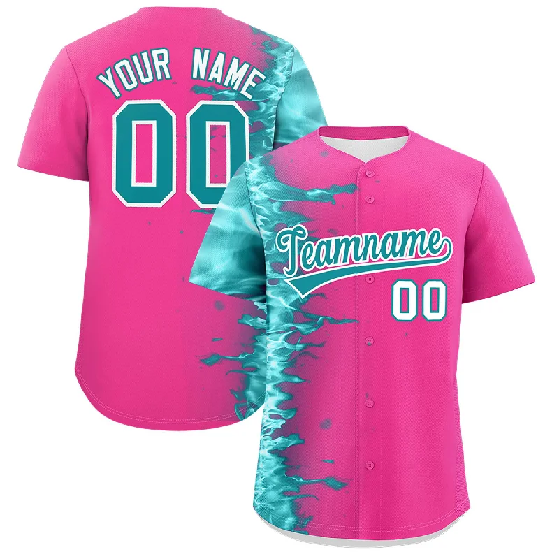 Football Jersey For Summer-Basketball Jersey For Summer-Baseball Jersey With Zipper-Custom Pink Personalized 3D Flame Design Authentic Baseball Jersey