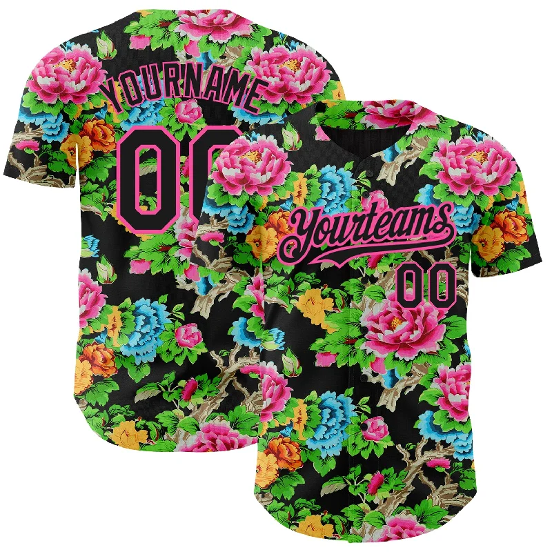 Football Jersey With Retro Player Name-Basketball Jersey With Retro Team Colors-Baseball Jersey With Country Name-Custom Black Pink 3D Pattern Design Northeast China Big Flower Authentic Baseball Jersey