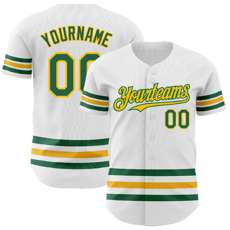 Football Jersey With Team Colors-Basketball Jersey With Team Colors-Baseball Jersey With Custom Font-Custom White Kelly Green-Gold Line Authentic Baseball Jersey