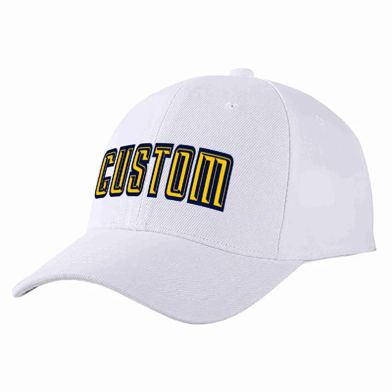 90s Baseball Cap-Custom White Yellow-Navy Curved Eaves Sport Baseball Cap Design for Men/Women/Youth