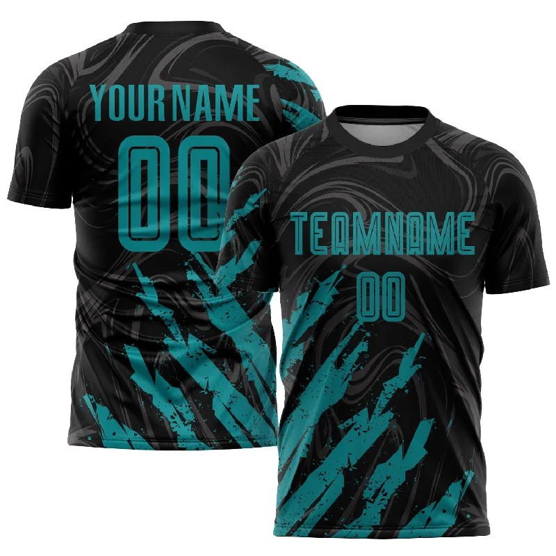 Football Jersey For Action Sports-Custom Black Teal Sublimation Soccer Uniform Jersey