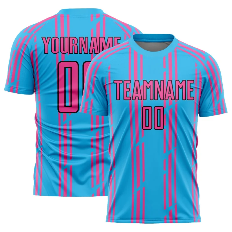 Football Jersey With Advanced Technology-Custom Sky Blue Pink-Black Pinstripe Sublimation Soccer Uniform Jersey