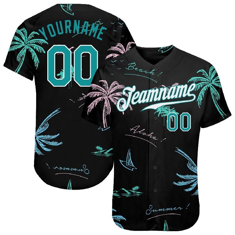 Breathable Football Jersey-Breathable Basketball Jersey-Polyester Baseball Jersey-Custom Black Teal-White 3D Pattern Design Hawaii Palm Trees Authentic Baseball Jersey