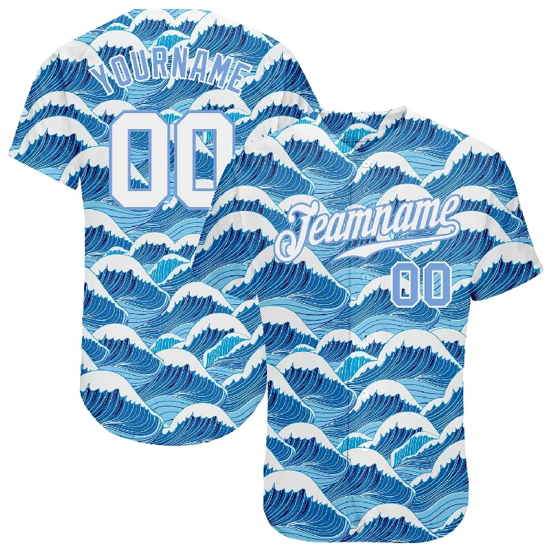 Embroidered Football Jersey-Printed Basketball Jersey-Embroidered Baseball Jersey-Custom Light Blue White-Light Blue 3D Pattern Design Waves Authentic Baseball Jersey