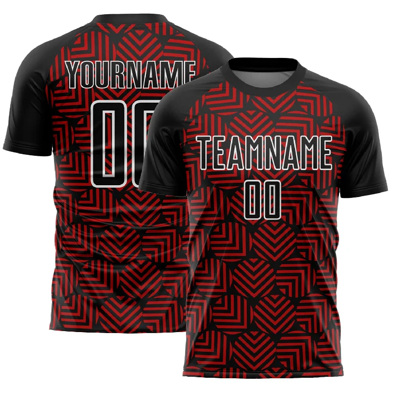 Football Jersey For Training Camps-Custom Black Red-White Abstract Geometric Shapes Sublimation Soccer Uniform Jersey