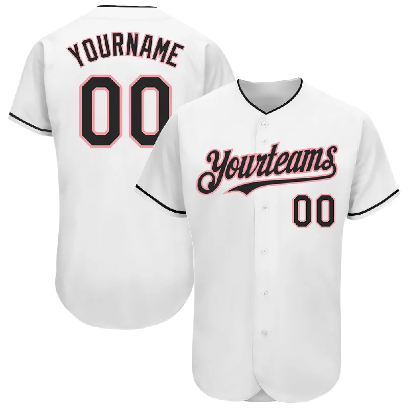 Football Jersey With Anti-Shrink Design-Basketball Jersey With Anti-Shrink Design-Baseball Jersey With Striped Cuffs-Custom White Black-Medium Pink Authentic Baseball Jersey