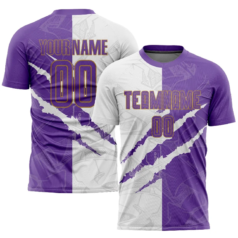 Football Jersey For Sale Discount-Custom Graffiti Pattern Purple White-Old Gold Sublimation Soccer Uniform Jersey