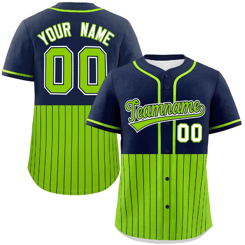 Football Jersey With Modern Look-Basketball Jersey With Minimalist Look-Baseball Jersey With Silver Highlights-Custom Navy Neon Green Personalized Half Stripe Design Authentic Baseball Jersey