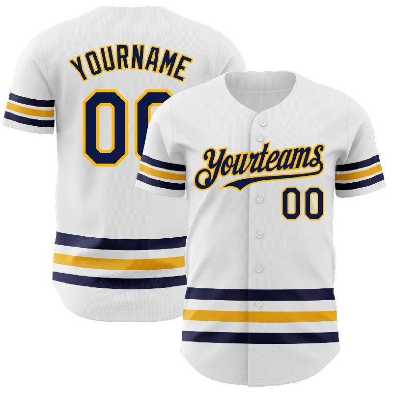 Football Jersey With Digital Print-Basketball Jersey With Digital Print-Baseball Jersey With Urban Theme-Custom White Navy-Gold Line Authentic Baseball Jersey