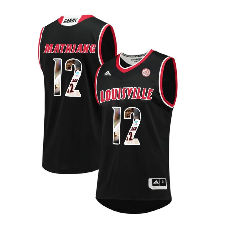 Basketball Jersey For Away Games-Louisville Cardinals 12 Mangok Mathiang Black With Portrait Print College Basketball Basketball Jersey