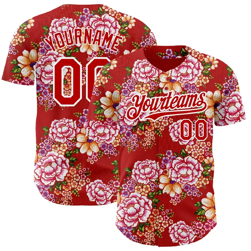 Football Jersey With Olympic Team Design-Basketball Jersey With Olympic Team Design-Baseball Jersey With Minimalist Graphics-Custom Red White 3D Pattern Design Northeast China Big Flower Authentic Baseball Jersey