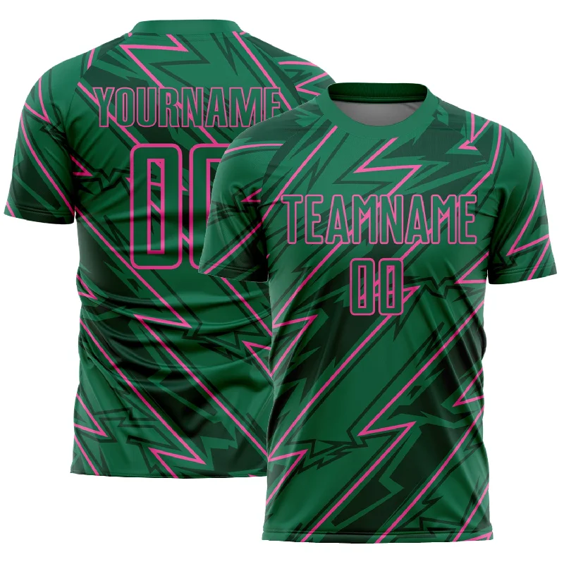 Football Jersey With Large Number Print-Custom Kelly Green Pink Lightning Sublimation Soccer Uniform Jersey