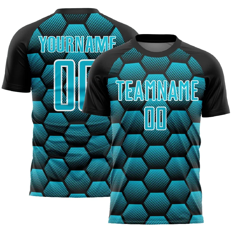 Football Jersey With Professional Quality-Custom Black Lakes Blue-White Hexagons Pattern Sublimation Soccer Uniform Jersey