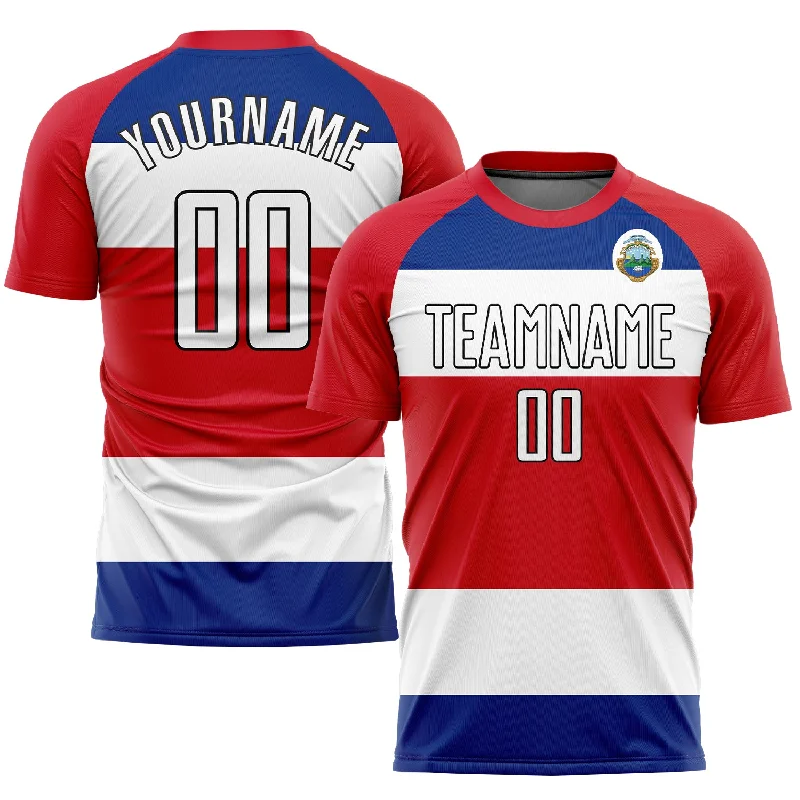 Football Jersey With Mesh Material-Custom Red White Royal-Black Sublimation Costa Rican Flag Soccer Uniform Jersey