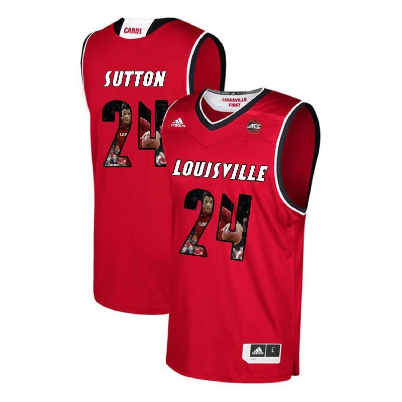 Basketball Jersey For Team Celebrations-Louisville Cardinals 24 Dwayne Sutton Red With Portrait Print College Basketball Basketball Jersey