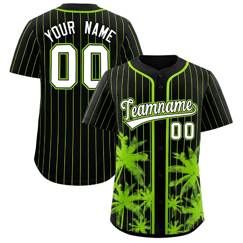 Football Jersey For Teams-Basketball Jersey For Teams-Gradient Baseball Jersey-Custom Black Neon Green Pinstripe Coconut Tree Pattern Authentic Baseball Jersey