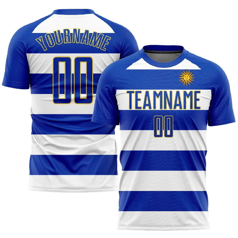 Football Jersey For Coaches-Custom White Royal-Gold Sublimation Uruguayan Flag Soccer Uniform Jersey