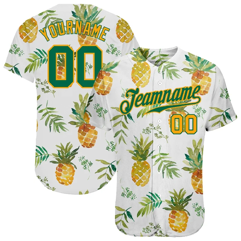 Oversized Football Jersey-Oversized Basketball Jersey-Minimalist Baseball Jersey-Custom White Kelly Green-Gold 3D Pattern Design Pineapples Authentic Baseball Jersey