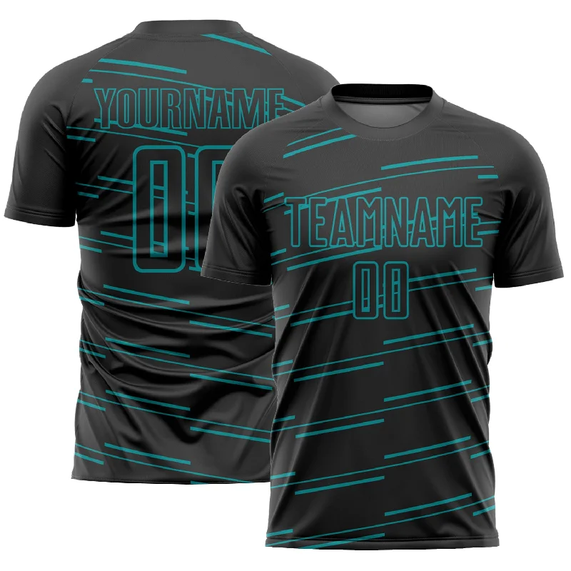 Football Jersey For Fan Support-Custom Black Teal Lines Sublimation Soccer Uniform Jersey