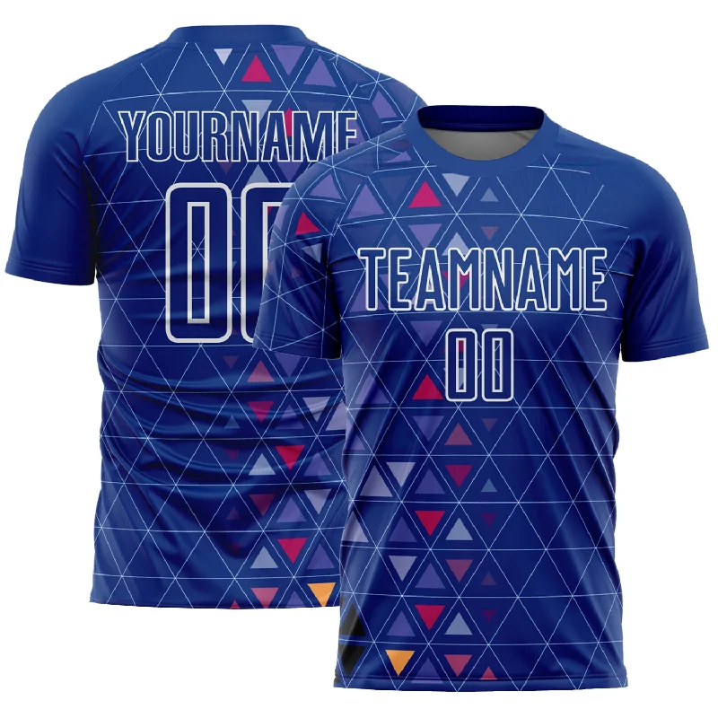 Personalized Football Jersey For Sale-Custom Royal White Geometric Triangle Sublimation Soccer Uniform Jersey