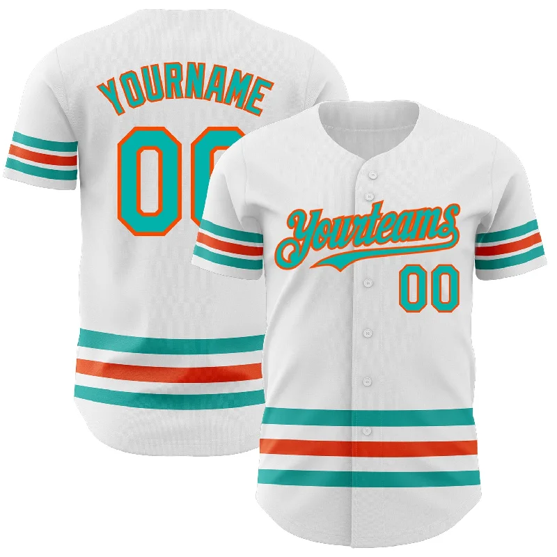 Mesh Football Jersey-Mesh Basketball Jersey-Short Sleeve Baseball Jersey-Custom White Aqua-Orange Line Authentic Baseball Jersey