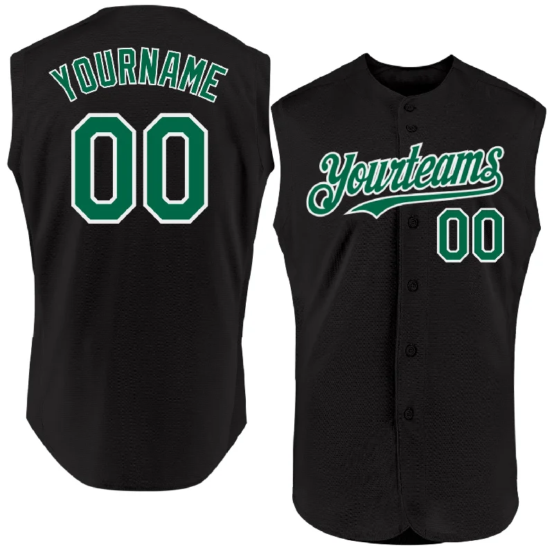 Football Jersey With Club Logo-Basketball Jersey With Club Logo-Baseball Jersey With Social Media Handle-Custom Black Kelly Green-White Authentic Sleeveless Baseball Jersey