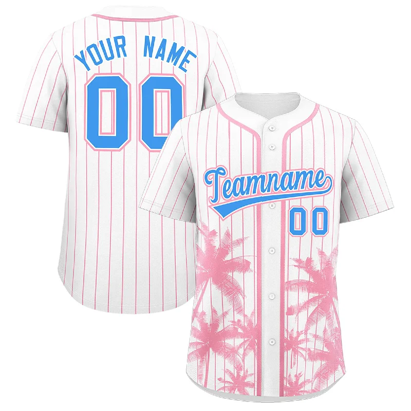 Football Jersey For Streetwear-Basketball Jersey For Streetwear-Baseball Jersey With Collar-Custom White Light Pink Pinstripe Coconut Tree Pattern Authentic Baseball Jersey