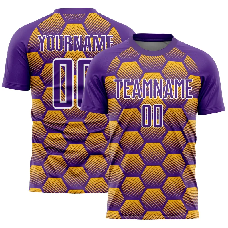 Football Jersey With Zipper Pockets-Custom Purple Gold-White Hexagons Pattern Sublimation Soccer Uniform Jersey