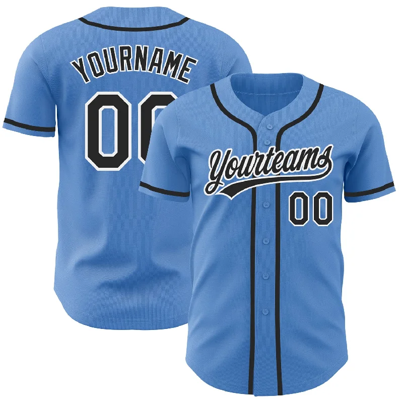 Football Jersey With Glossy Finish-Basketball Jersey With Glossy Finish-Baseball Jersey With Silver Embroidery-Custom Powder Blue Black-White Authentic Baseball Jersey