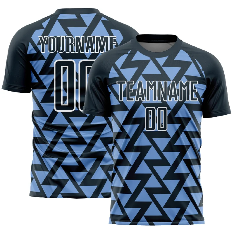 Football Jersey For The Serious Player-Custom Navy Light Blue-White Abstract Geometric Triangles Sublimation Soccer Uniform Jersey