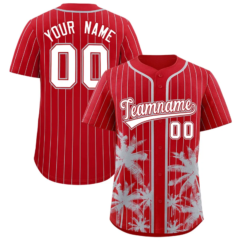 Collector’s Football Jersey-Collector’s Basketball Jersey-Game-Day Baseball Jersey-Custom Red Gray Pinstripe Coconut Tree Pattern Authentic Baseball Jersey