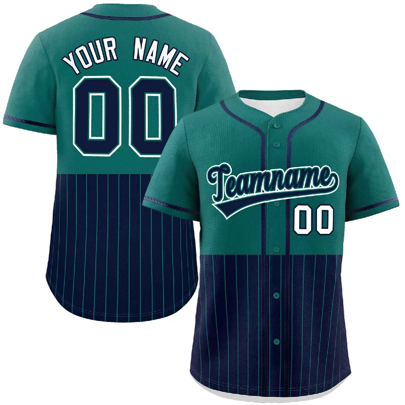 Football Jersey With Inspirational Graphics-Basketball Jersey With Historic Print-Baseball Jersey With Team Pride-Custom Aqua Navy Personalized Half Stripe Design Authentic Baseball Jersey