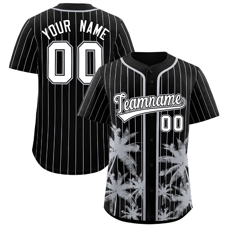 Football Jersey For Coaches-Basketball Jersey For Coaches-Tie-Dye Baseball Jersey-Custom Black Gray Pinstripe Coconut Tree Pattern Authentic Baseball Jersey