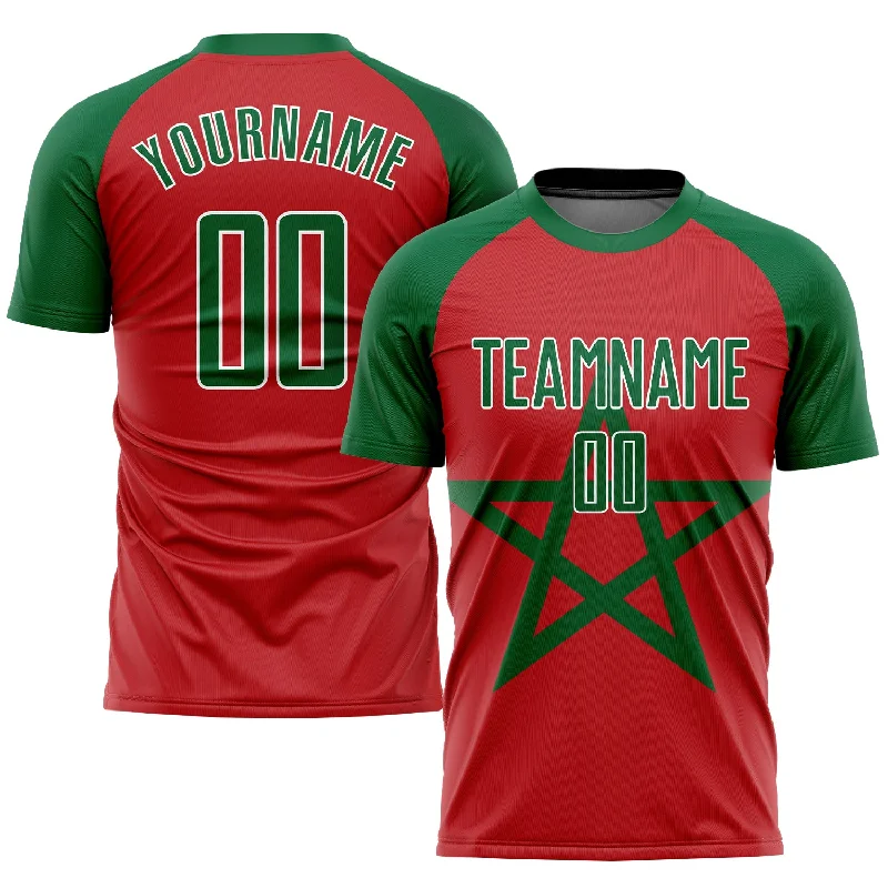 Football Jersey For Outdoor Play-Custom Red Kelly Green-White Sublimation Moroccan Flag Soccer Uniform Jersey