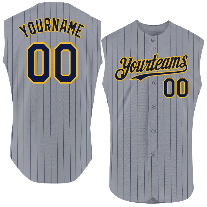 Football Jersey With Fan Club Design-Basketball Jersey With Game Day Design-Baseball Jersey With Graffiti Lettering-Custom Gray Navy Pinstripe Gold Authentic Sleeveless Baseball Jersey