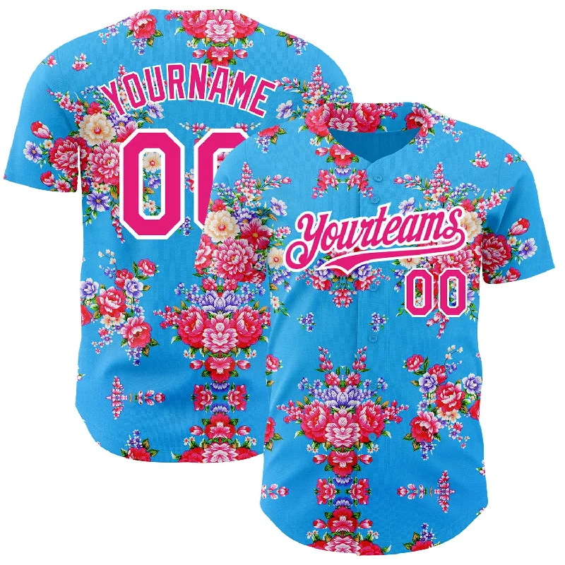 Football Jersey With Eco-Friendly Material-Basketball Jersey With Eco-Friendly Material-Baseball Jersey With Fade Effect-Custom Electric Blue Hot Pink-White 3D Pattern Design Northeast China Big Flower Authentic Baseball Jersey