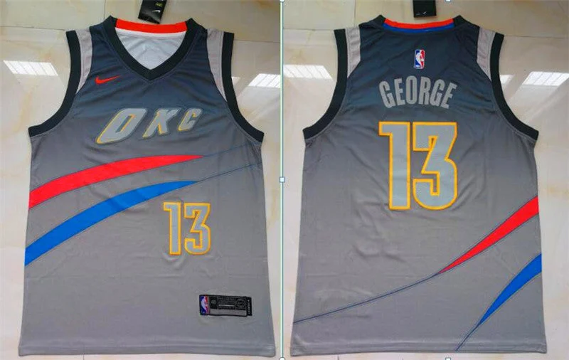 Basketball Jersey With Mesh Sides-Thunder 13 Paul George Gray City Edition Swingman Basketball Jersey