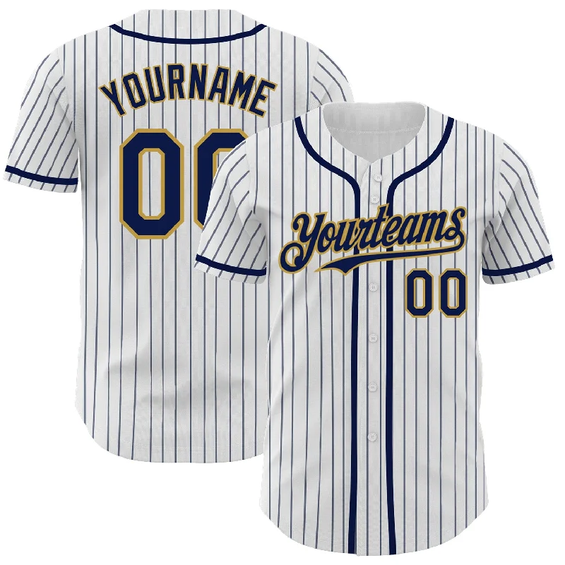 Football Jersey With Sublimation Print-Basketball Jersey With Sublimation Print-Baseball Jersey With Shoulder Stripes-Custom White Navy Pinstripe Old Gold Authentic Baseball Jersey