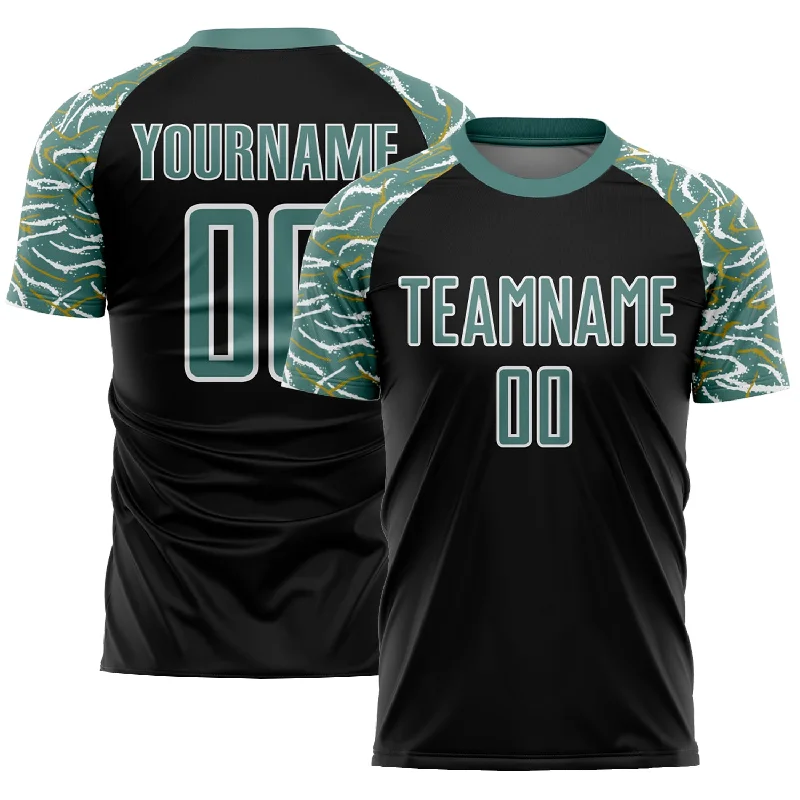 Football Jersey For Players Of All Ages-Custom Black Midnight Green-White Curved And Wavy Lines Sublimation Soccer Uniform Jersey